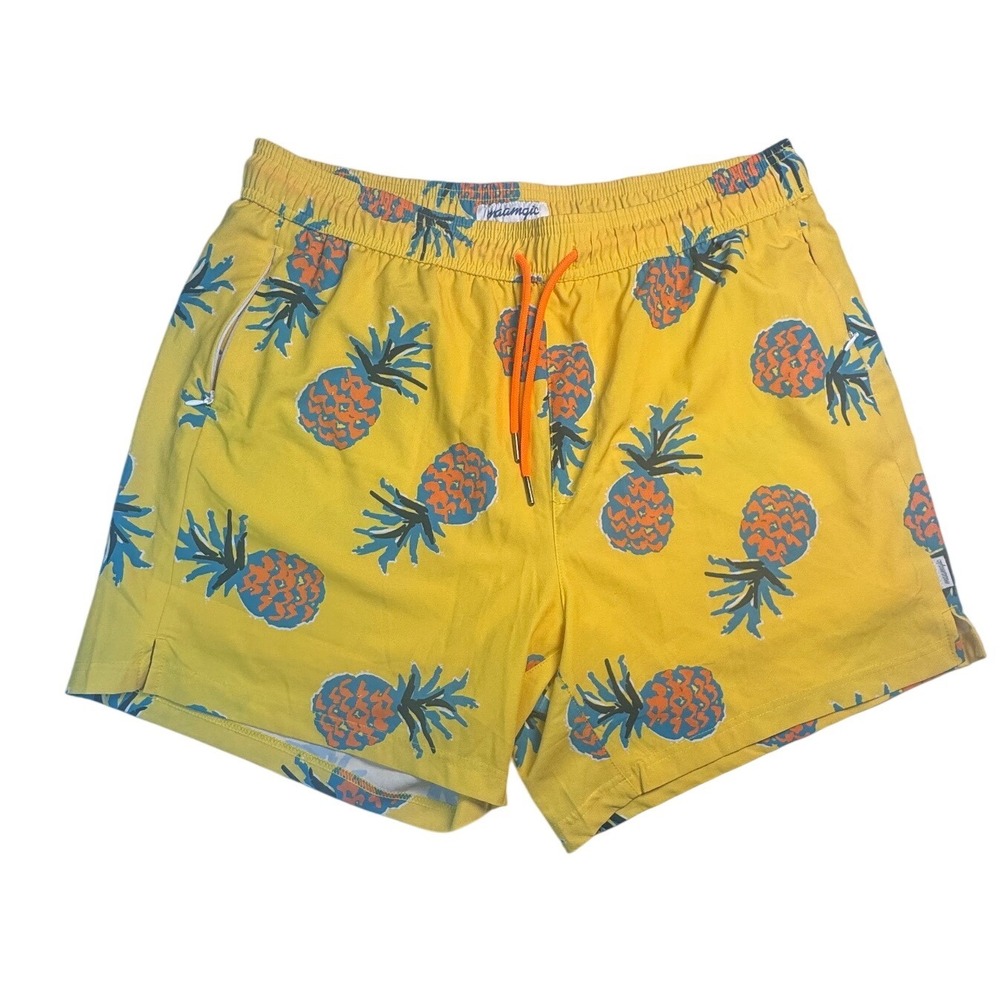 Mangnic Swim Trunks XXL Yellow Pineapple Print Compression Liner Zip Pockets